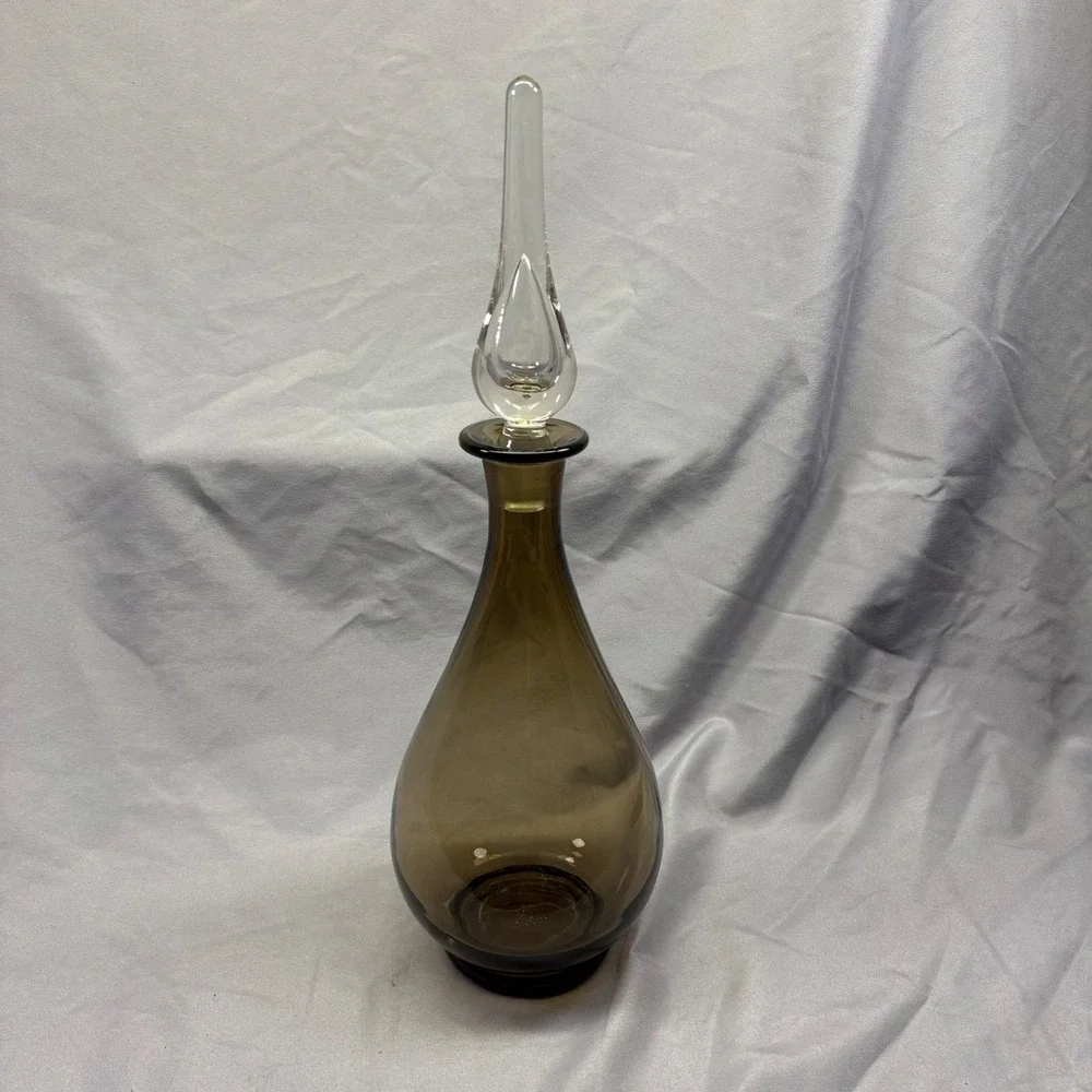 Vintage MCM Smoky Brown Glass Decanter with Clear Flame Stopper Teardrop‎ Bottle